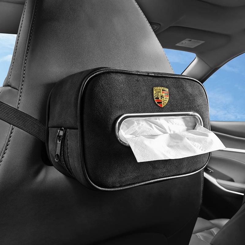 Bilinteriör Papperslåda Mocka Solskyddssits Rygg Hängande Väska För Porsche Cayenne Panamera Macan 911 718 918 Taycan Boxster