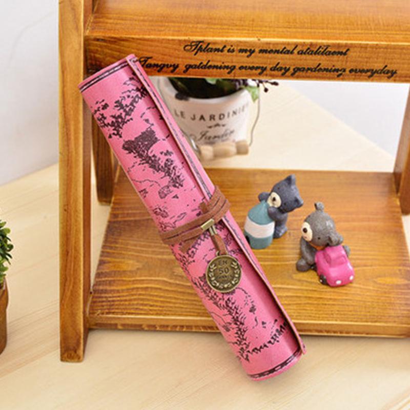 Leather Roll-Up Pouch W/ Embossed Buckle Vintage Treasure Map Pencil Case Large Capacity School Office Organizer