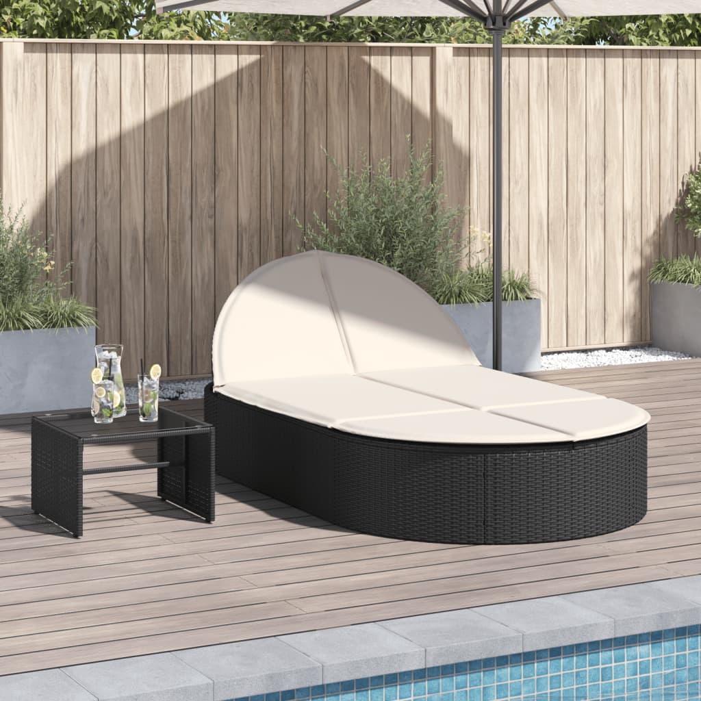Double Sun Lounger with Cushions Black Poly Rattan
