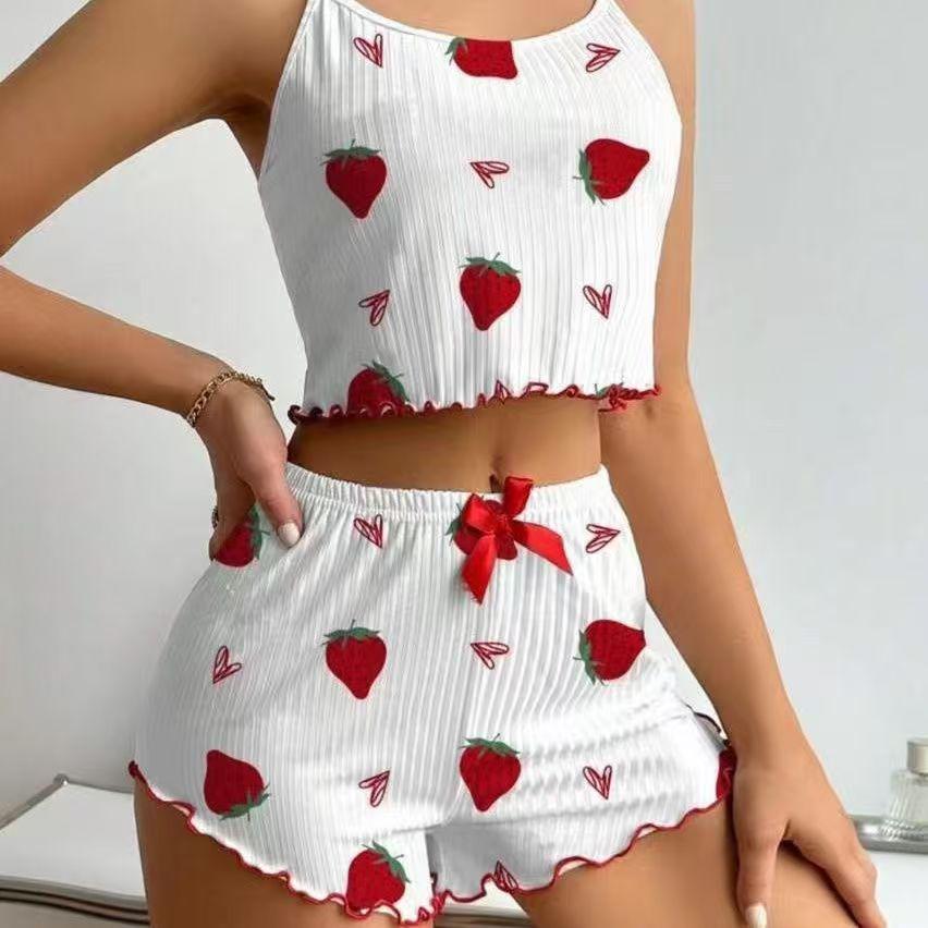 European & American Women's Ribbed Knit Heart Print Camisole and Shorts Set