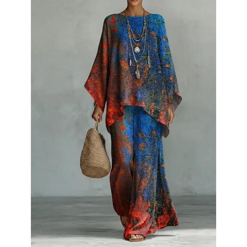 16 European and American artistic sense abstract graffiti set, round neck bat sleeve top + wide-leg pants loose two-piece set