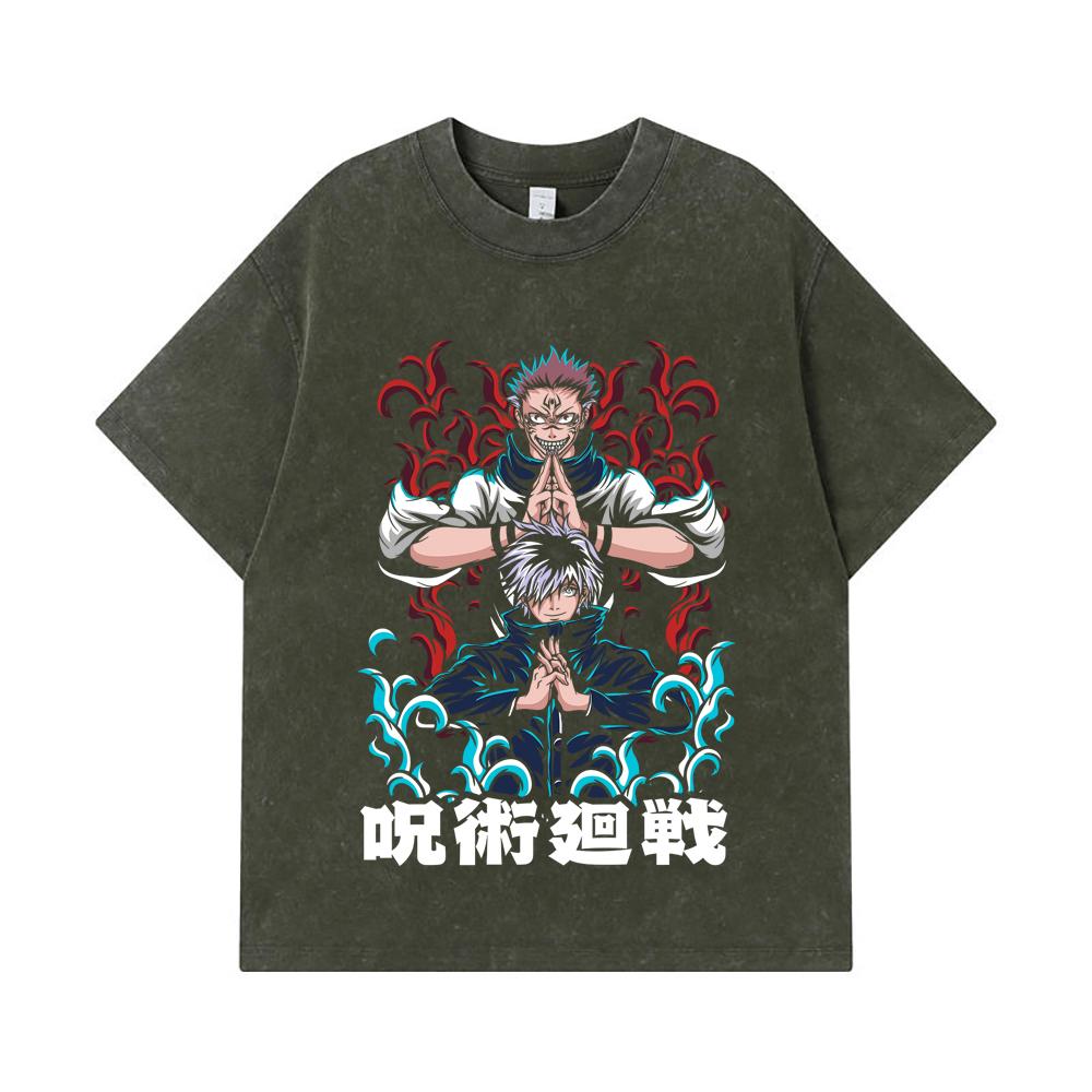 275 GSM Washed T-shirts 100% Cotton Jujutsu Kaisen V49 Gojo Sukuna Print Unisex Heavy Cotton T Shirt