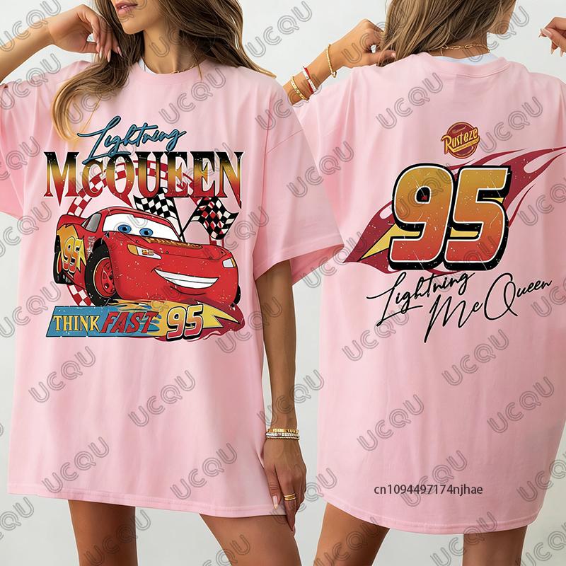 T-shirt in Cotone con Stampa di Auto d'Epoca e Saetta McQueen per Donna, Manica Corta Estiva, Magliette Casual Oversize, Top per Coppie