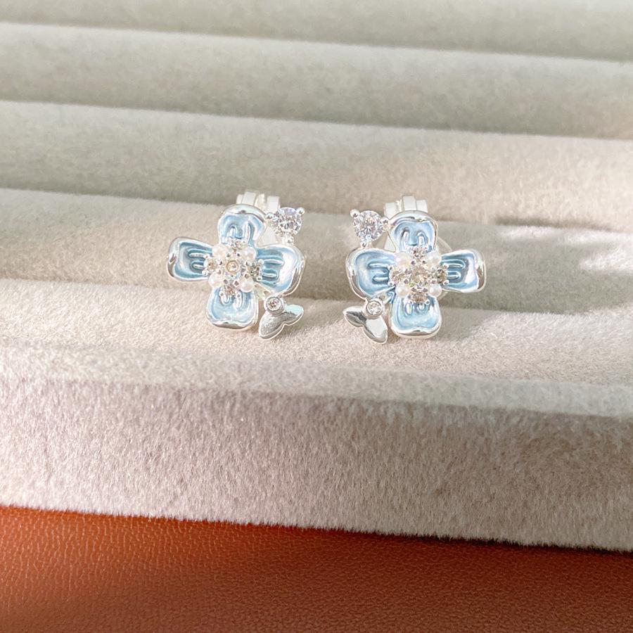 Real Gold-Plated Zircon Oil Drop Flower Pearl Ear Clip for Women Without Pierced Ears - Light Luxury Earring