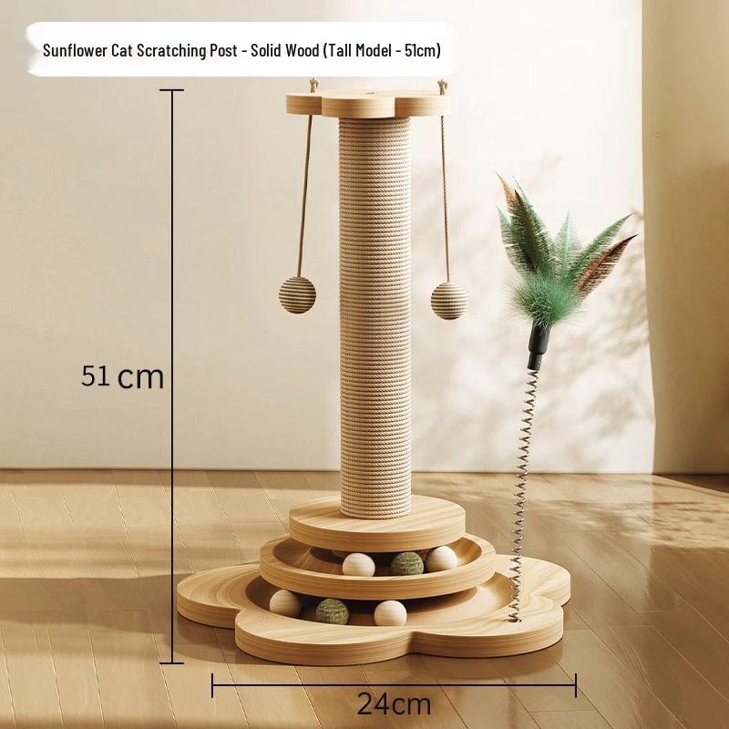 Vertical Wear-Resistant Sisal Rope Cat Scratching Post with Turntable and Teaser Toys