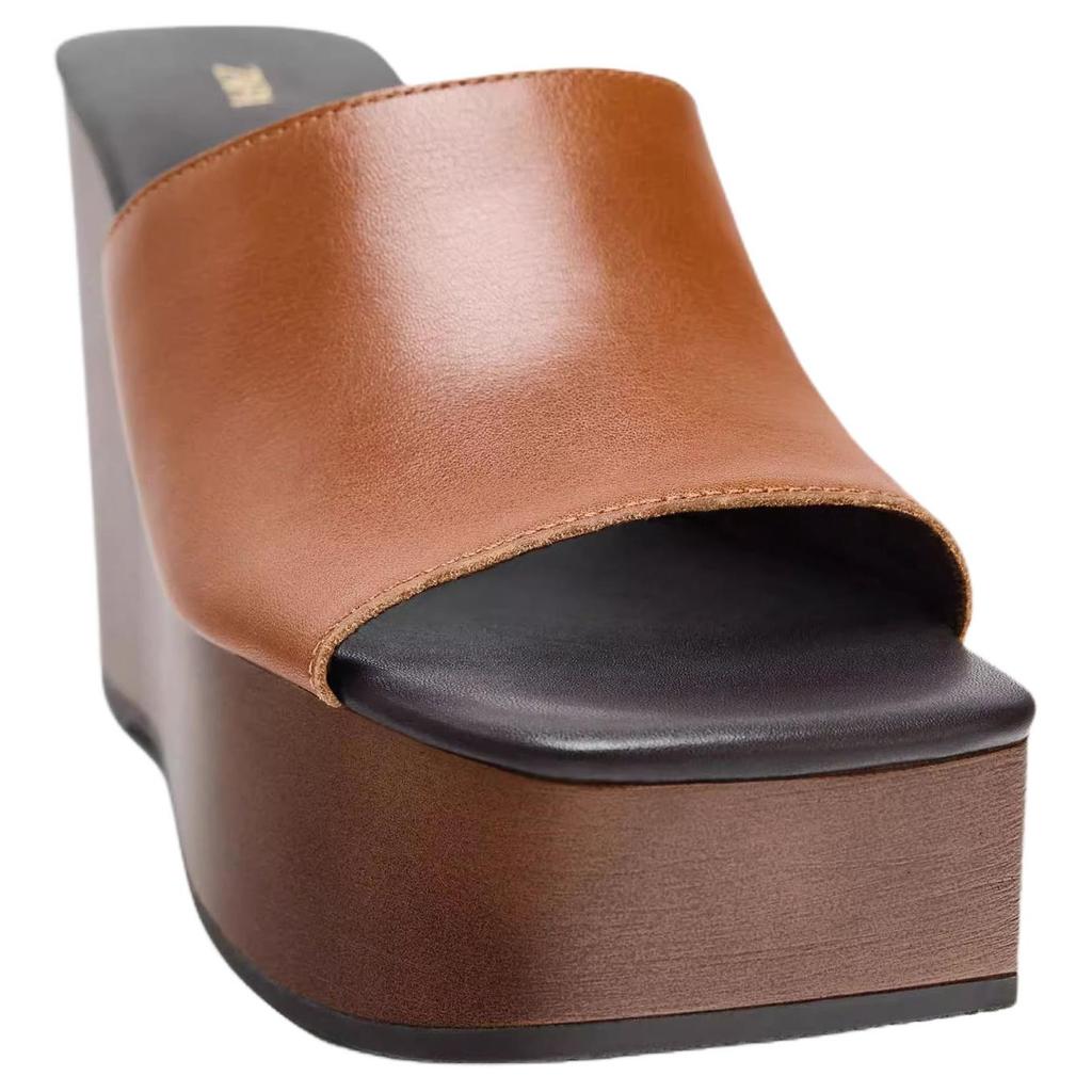 Zara Fashion Slip-On High Heel Leather Square Toe Wedge Sandals Women Sandals Brown 1319610105