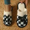 Cozy Checkered Slip-On Slippers with Bow Soft Indoor Slippers Checkered Pattern Knit Construction Slippers for Indoor Use