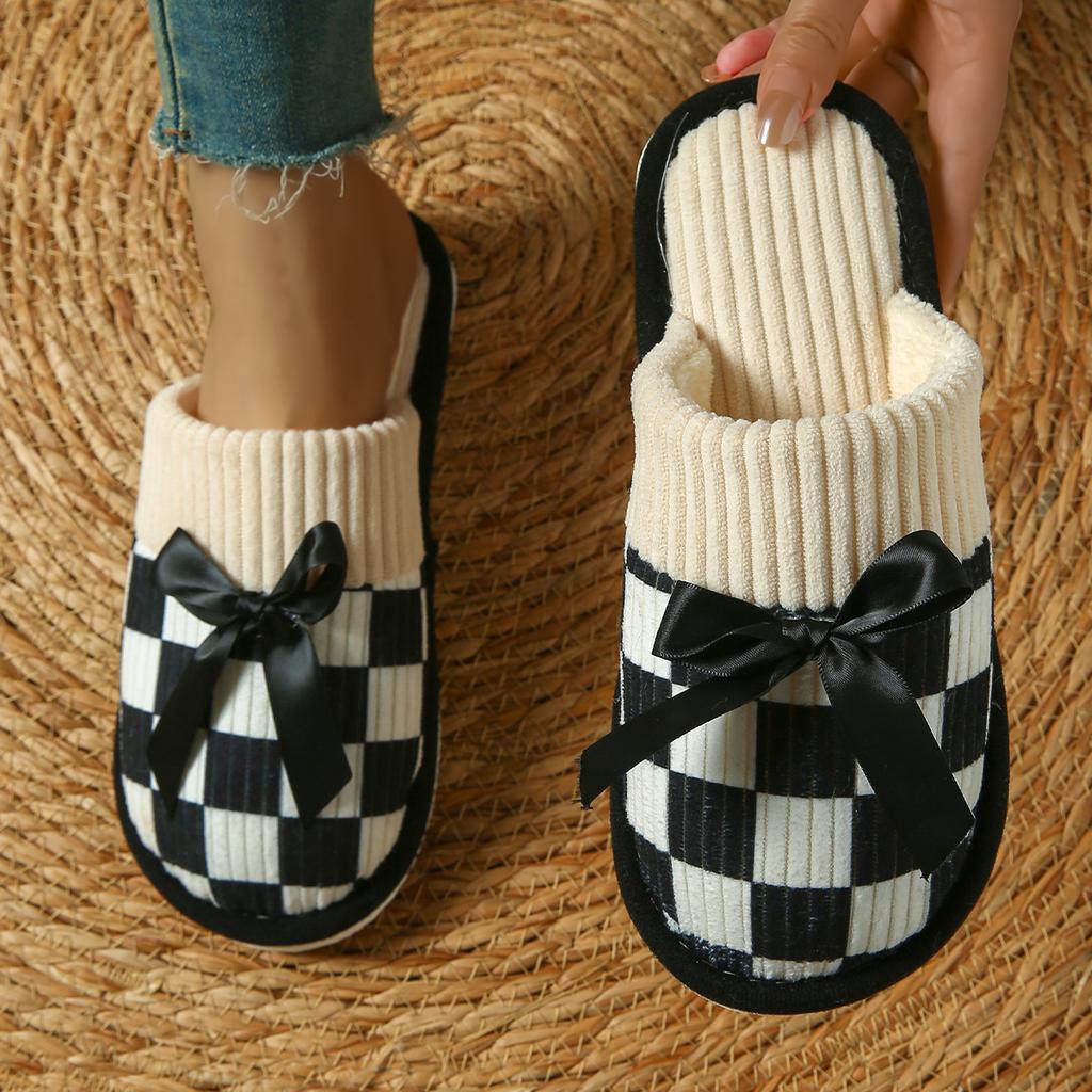 Cozy Checkered Slip-On Slippers with Bow Soft Indoor Slippers Checkered Pattern Knit Construction Slippers for Indoor Use