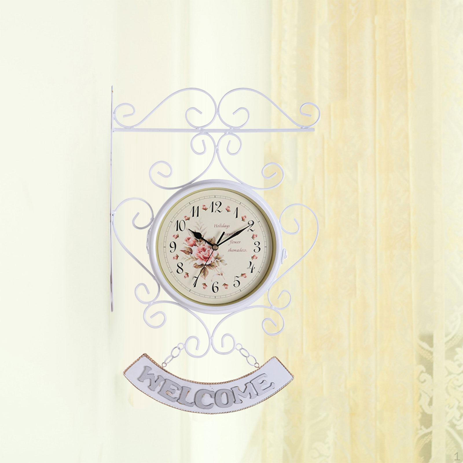 

Antique Double Sided Wall Clock Silent Iron Faced Hanging Round Quiet for Hallway білий