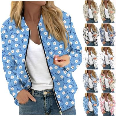 Modische, lässige Langarmjacke mit Blumen-/Blattdruck und Rundhalsausschnitt für Damen