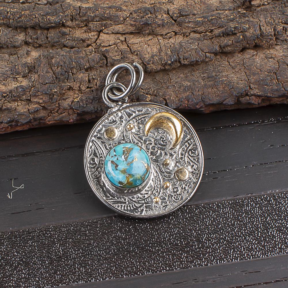 

Подвеска из голубой медной бирюзы ручной работы, подвеска из стерлингового серебра 925 пробы, повседневное украшение, подарок для нее 1.30 Inches синий