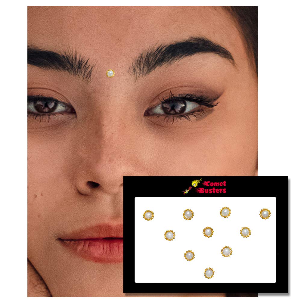 Comet Busters Handcrafted Round Pearl Bindis With Golden Border Binids (BINMOQ375)(3mm)
