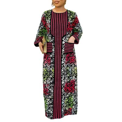 Abito Maxi Casual a Maniche a Pipistrello con Scollo a V, Strisce sul Davanti e Fantasia a Quadri sul Retro, Taglie Forti Donna