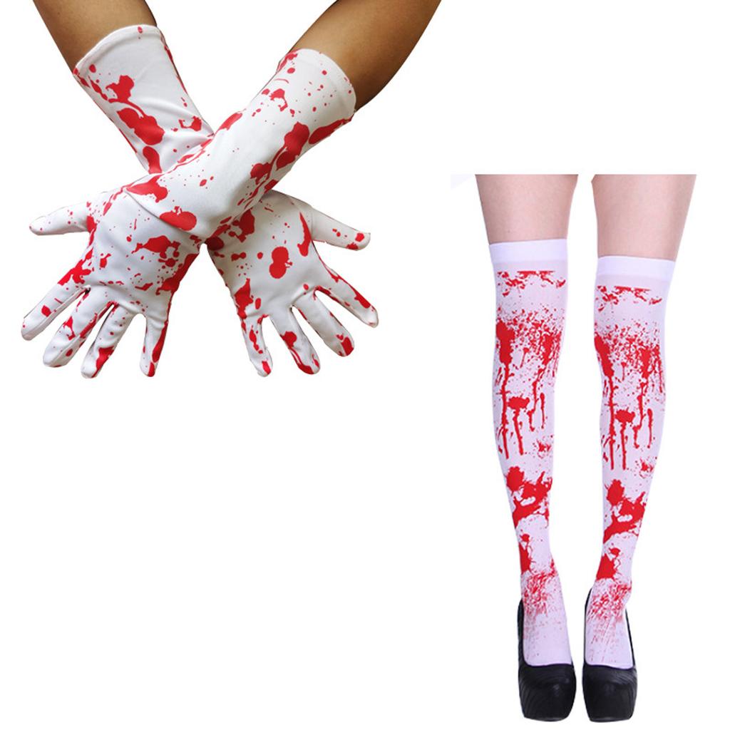 Women's Halloween Scary Skeleton Print Party Gloves Socks Set Two-piece Suit