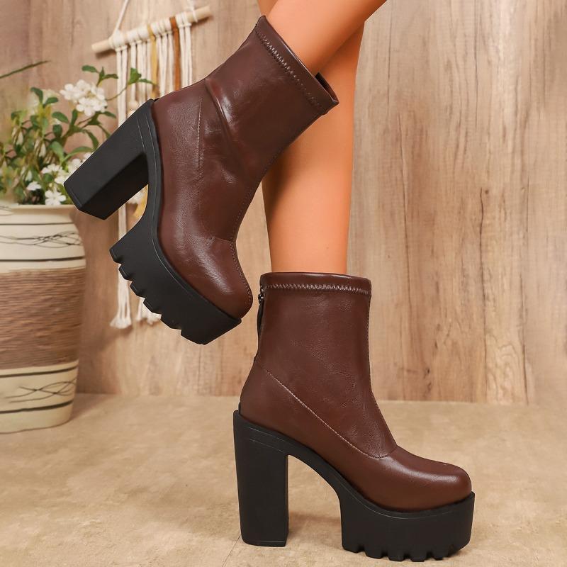 Women's Autumn-Winter Chunky-Heel Back-Zip Short Boots, Fashionable Footwear.