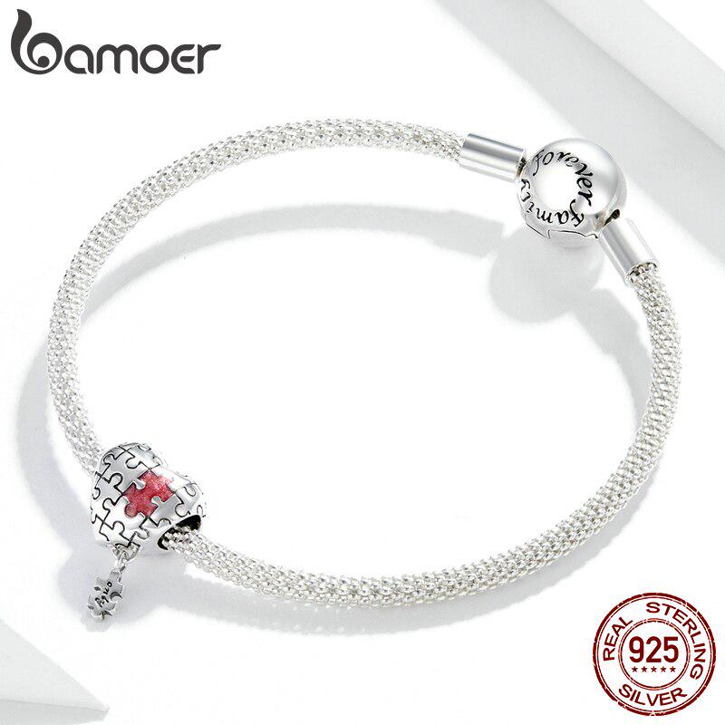 Bamoer Real 925 Sterling Silver Love Puzzles Oxidized Silver Charm for Original 3mm Bracelet & Bangle Enamel Metal Bead Jewelry