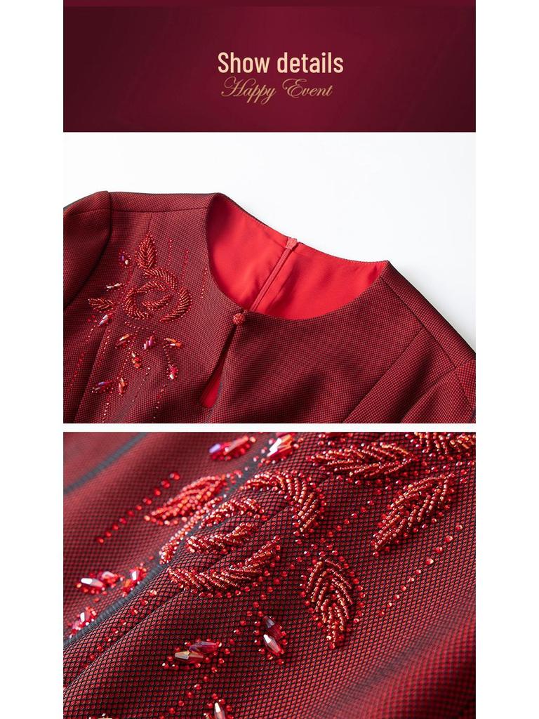 L1018 Spring Wedding Banquet Wine Red Qipao: High-End, Elegant, Mother's Slimming Dress with Three-Quarter Sleeves.