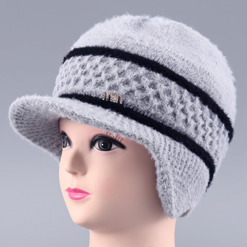 Hat Female Winter Rabbit Hair Warm Wool Hat Old Lady Cold Protection Ear Protection Knitted Hat