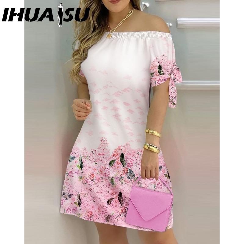 IHUASU Women Fashion Off Shoulder Dress Short Sleeve Bow Tie Print Dresses Summer Beach Dresses Plus Size