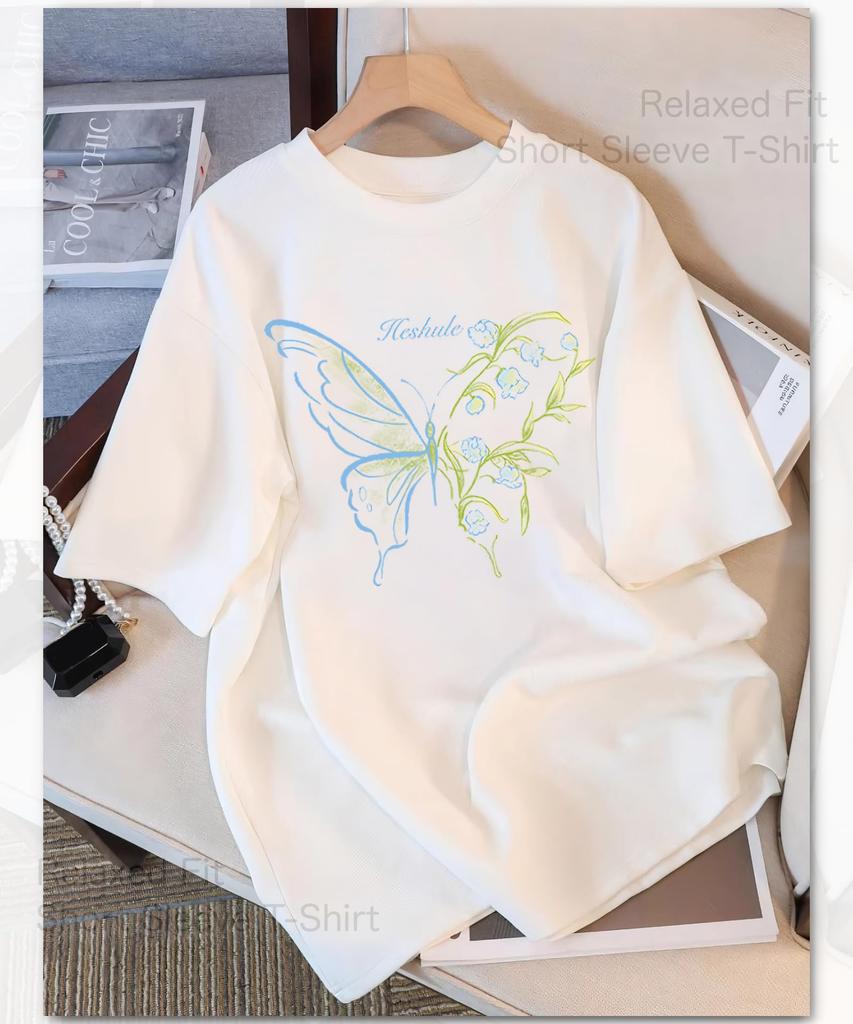 Bubu Ohana Loose Fit with Butterfly and Flower Print on the Front and Solid Short Drop Shoulder and Winter Women's T-Shirt Back, Sleeve, Flattering,