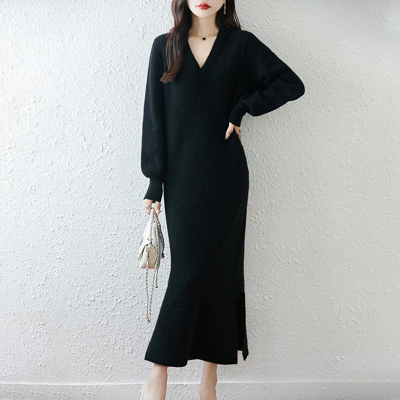 Women Sweater Dress 100% Wool MODERN NEW SAGA V-neck Knit Long Pullover Winter Jumpers Wool Long Dress Female