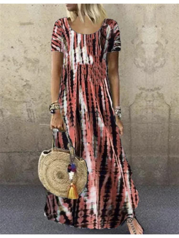 Μόδα Tie Dye Print Φόρεμα Μεγάλο Πόδι Γυναικείο Λαιμόκοψη O Πουλόβερ Κοντομάνικο Επίσημο Γυναικείο 2025 Καλοκαίρι Casual Φαρδύ Μέση Φούστα 5XL