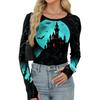 Women's Slim Fit Long Sleeve Pullover Top Halloween Print Round Neck Shirt with Thumb Hole Cuffs Stretchy Casual Tee