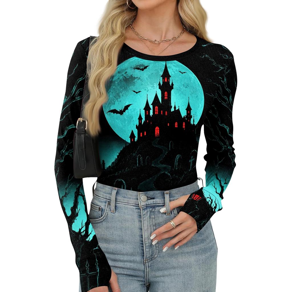 Women's Slim Fit Long Sleeve Pullover Top Halloween Print Round Neck Shirt with Thumb Hole Cuffs Stretchy Casual Tee