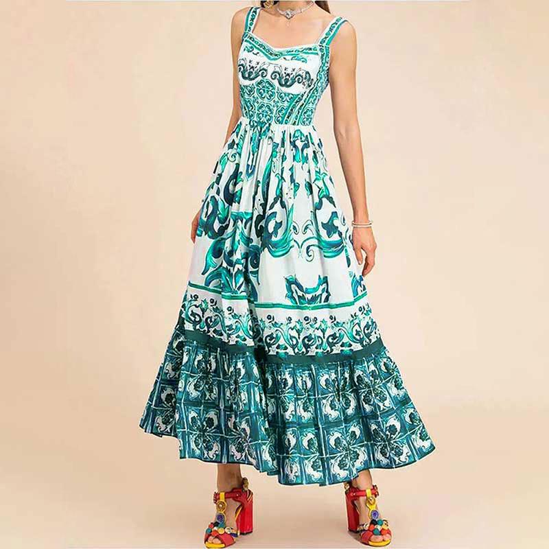 2026 Spring Bohemian Printed Strappy Dress - European & American Women s Fashion M с зеленым принтом