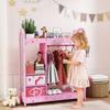 Kids Clothes Rail, Kids Wardrobe with Mirror, Shelves, Fabric Storage and Hooks for Bedroom, Nursery, Pink