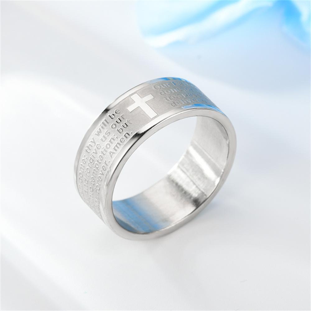 Anello con Croce di Gesù Bibbia 8mm Maschio Colore Argento Anelli con Scritture Cristiane Preghiera per Uomini Donne Moda Religiosa Gioielli per Feste Regalo