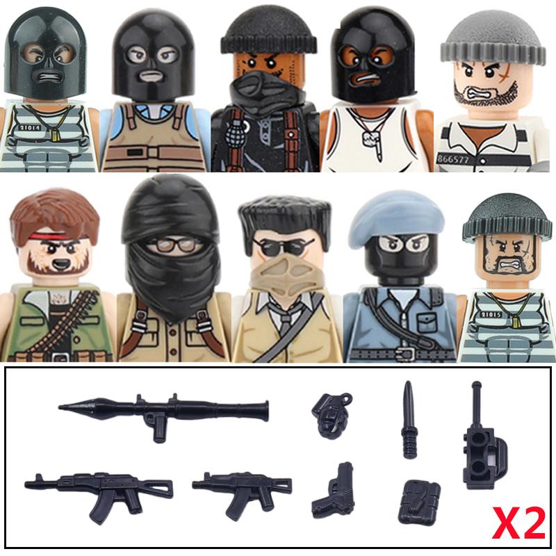 Non-Toxic City Accessories Moc Villain Gangster Figures Building Block Modern Soldier Mask Helmet Guns Bazooka Military Weapon Bricks Toys