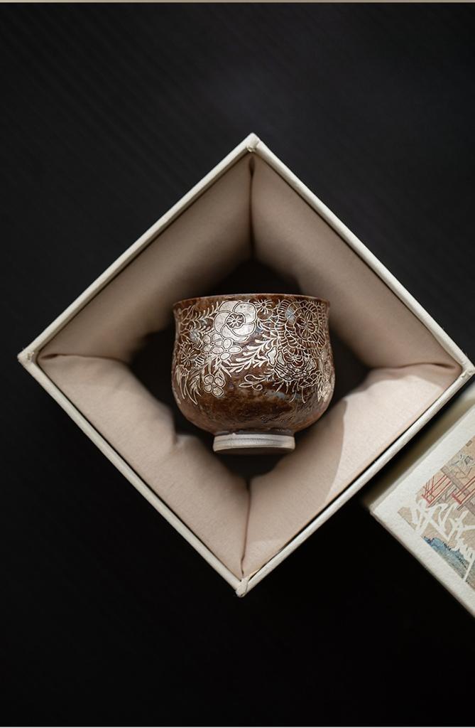 Flower Gilded Silver Master Cup Old Rock Mud Teacup Chinese Kung Fu Teaware Set Stoneware Retro Japanese Ceramic Mugs Drinkware