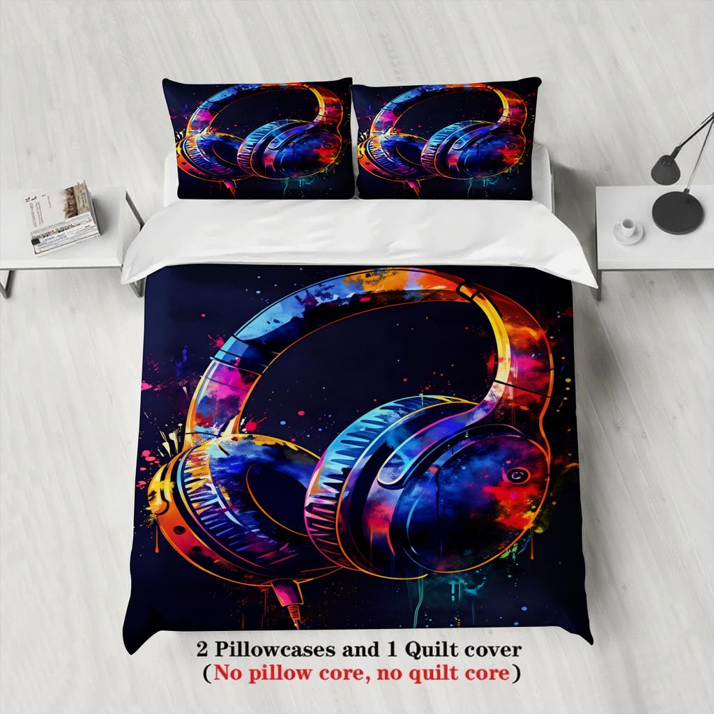 3pcs Headphones Bedding Sets 3D Printed Colorful Music Pattern Duvet Cover Sets With Pillowcases No Filling Single Queen Size
