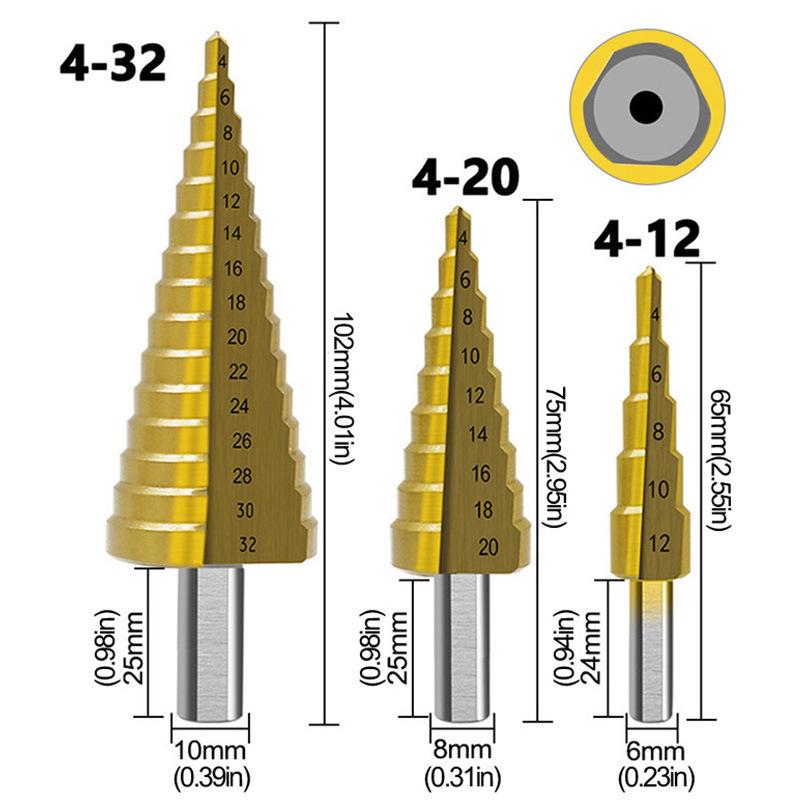 Stufenbohrer aus Stahl mit Dreiecksmuster für PVC, Holz und Metall – Verpackung im Stoffbeutel
