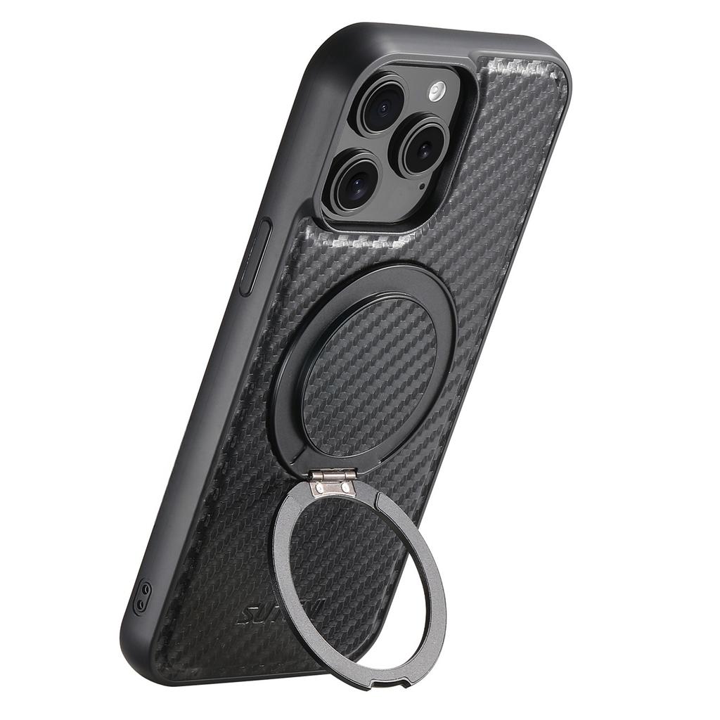 SUTENI G3 For iPhone 13 Pro Max Magnetic Case Rotating Kickstand Carbon Fiber Texture Leather Phone Back Cover