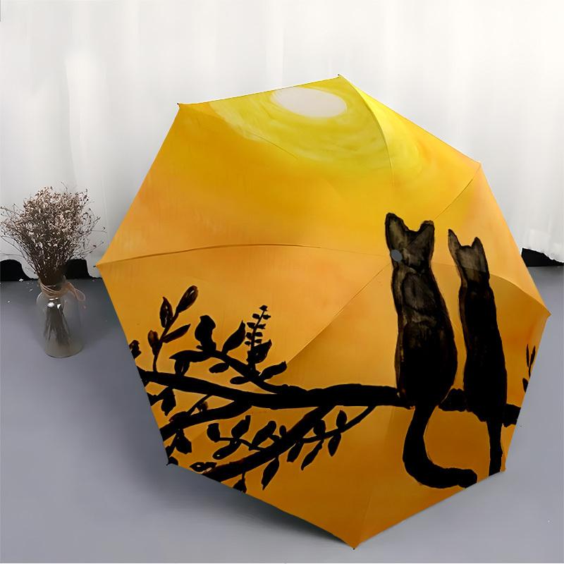 1pc Cats Sunset Automatic Folding Umbrella, 8-Rib Durable Iron Frame, Compact Travel Umbrella for Women & Men101