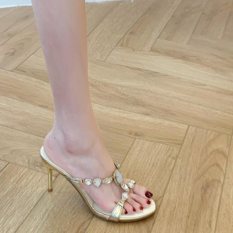 

New Open Toe Rhinestone Gem Chain Flip Flops Women Summer New Sexy Temperament Outside Wear Stiletto Heels Sandals 34