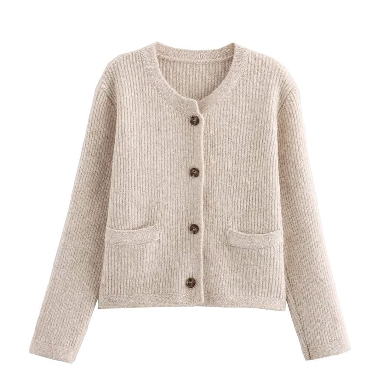 Kaslead New Arrival Women's Clothing Fashion Style Fashion All-Match Wool Sunken Stripe round Neck Knitting Cardigan Outwear