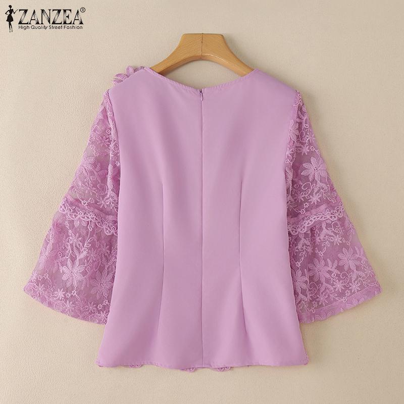 ZANZEA Kvinner Casual Rund Hals Halv Erme Bluse med Blonde Patchwork