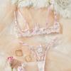 New Hair Delivery Floral Embroidered Mesh Bra and Panties Sexy Underwear Set Pink and Sweet