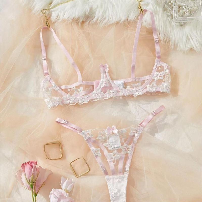 New Hair Delivery Floral Embroidered Mesh Bra and Panties Sexy Underwear Set Pink and Sweet