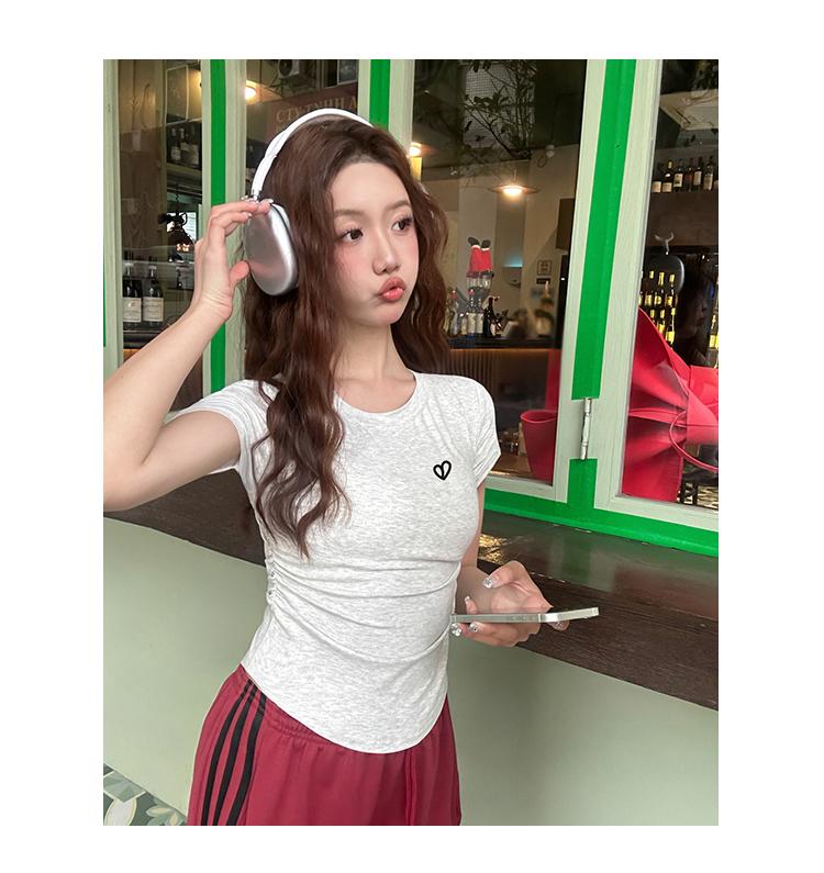 Love embroidery short sleeved t-shirt for women's summer new design, slim fit and slimming, front shoulder t-shirt top JS