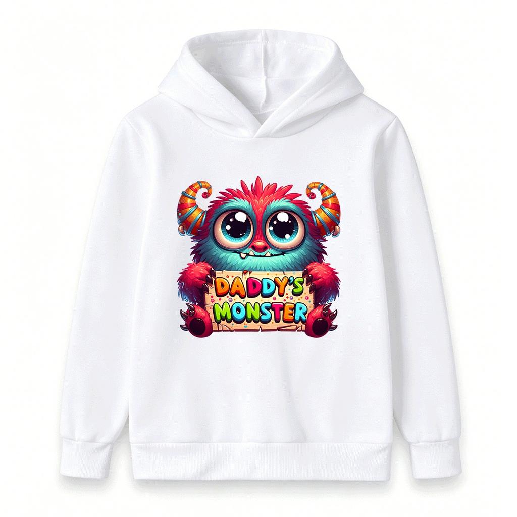 Kids Boys Girls Hoodie Sweatshirt, Cute Fluffy Monster Daddys Monster Pattern Pullover Hooded Top, Soft Casual Long Sleeve Clothes Children Daily Wear