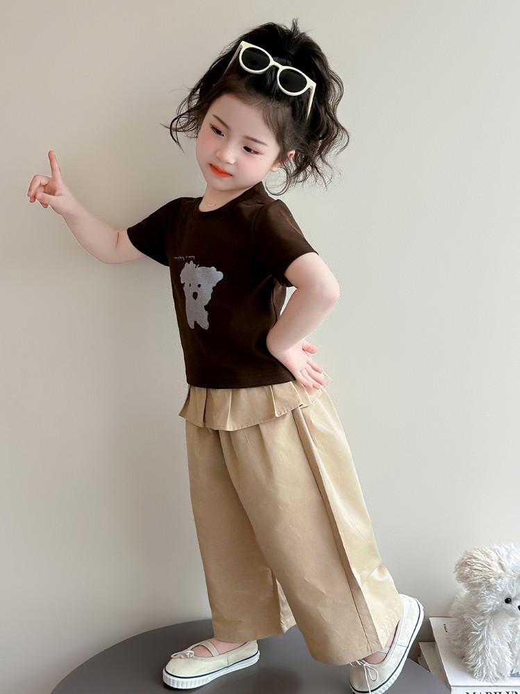 Huzhou Zhili Girls Short Sleeve Puppy Print Top + Two-Piece Wide Leg Pants Set 140 cm