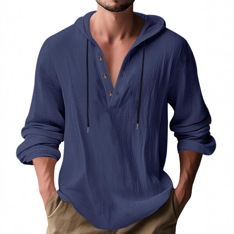 

Men S Casual Button Shirt Summer Cotton Linen Hoodie Beach Long Sleeve Shirt Top Summer Solid Color Stand-Up Collar Casual Shirt 3XL темно-синього кольору