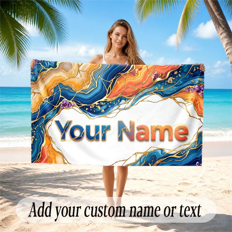 Abstract Geometric Theme Soft Beach Towel Personalized Custom Name Text Towel Portable for Beach Pool Travel