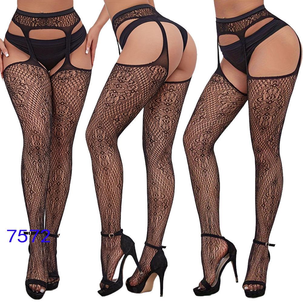 New style open crotch lace transparent suspender black silk sexy fishnet stockings non-slip one-piece suspender belt for women