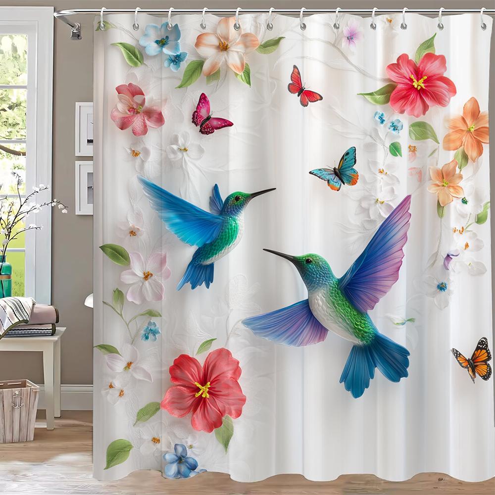 Beautiful Flower And Bird Printed Shower Curtain Partition Privacy Hanging Home Decoration Curtain With Hooks Machine Washable