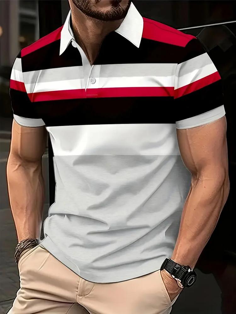 Men'S Casual Striped 3D Print Golf Shirt